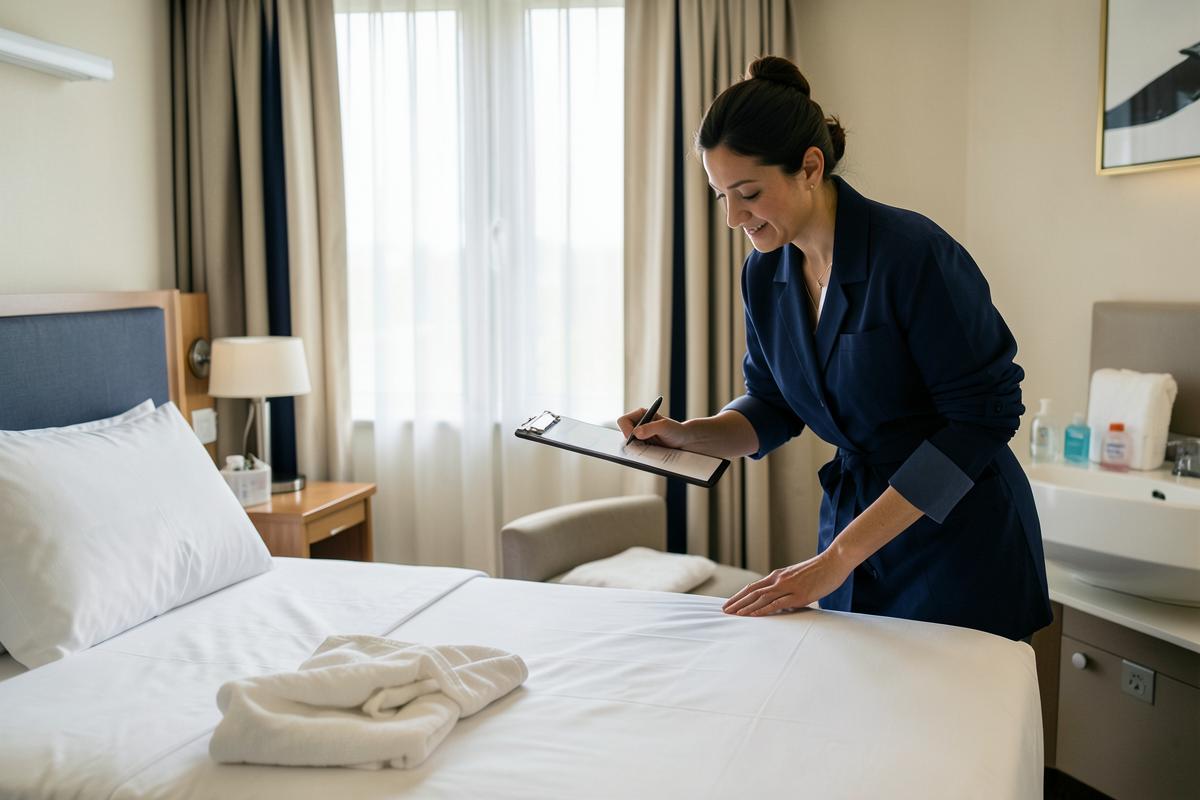 An auditor inspecting a hotel room with a checklist