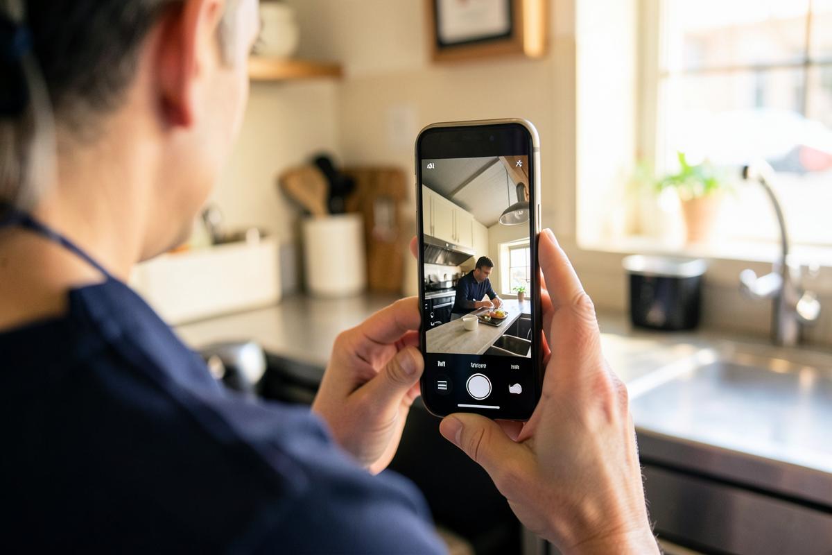 A restaurant owner filming their kitchen on a phone